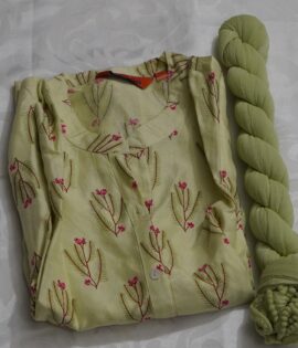 Light green cotton kurta with pink floral pattern, paired with matching light green shawl.