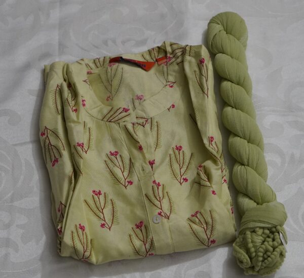 Light green cotton kurta with pink floral pattern, paired with matching light green shawl.